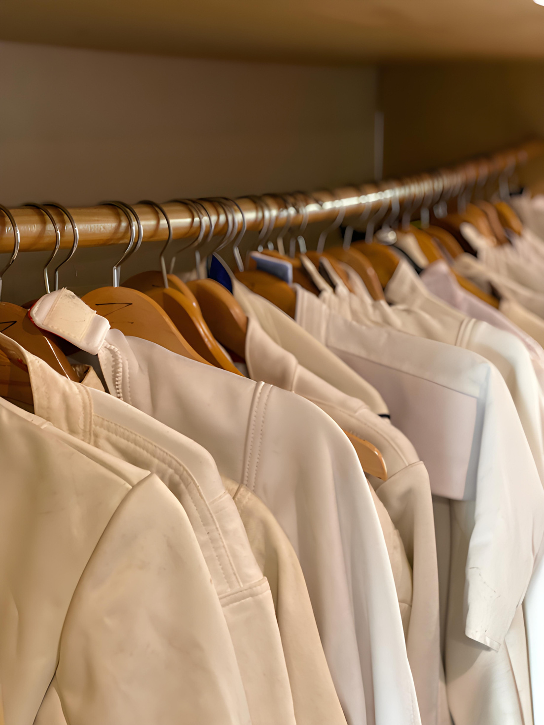 a row of saber fencing jackets. 