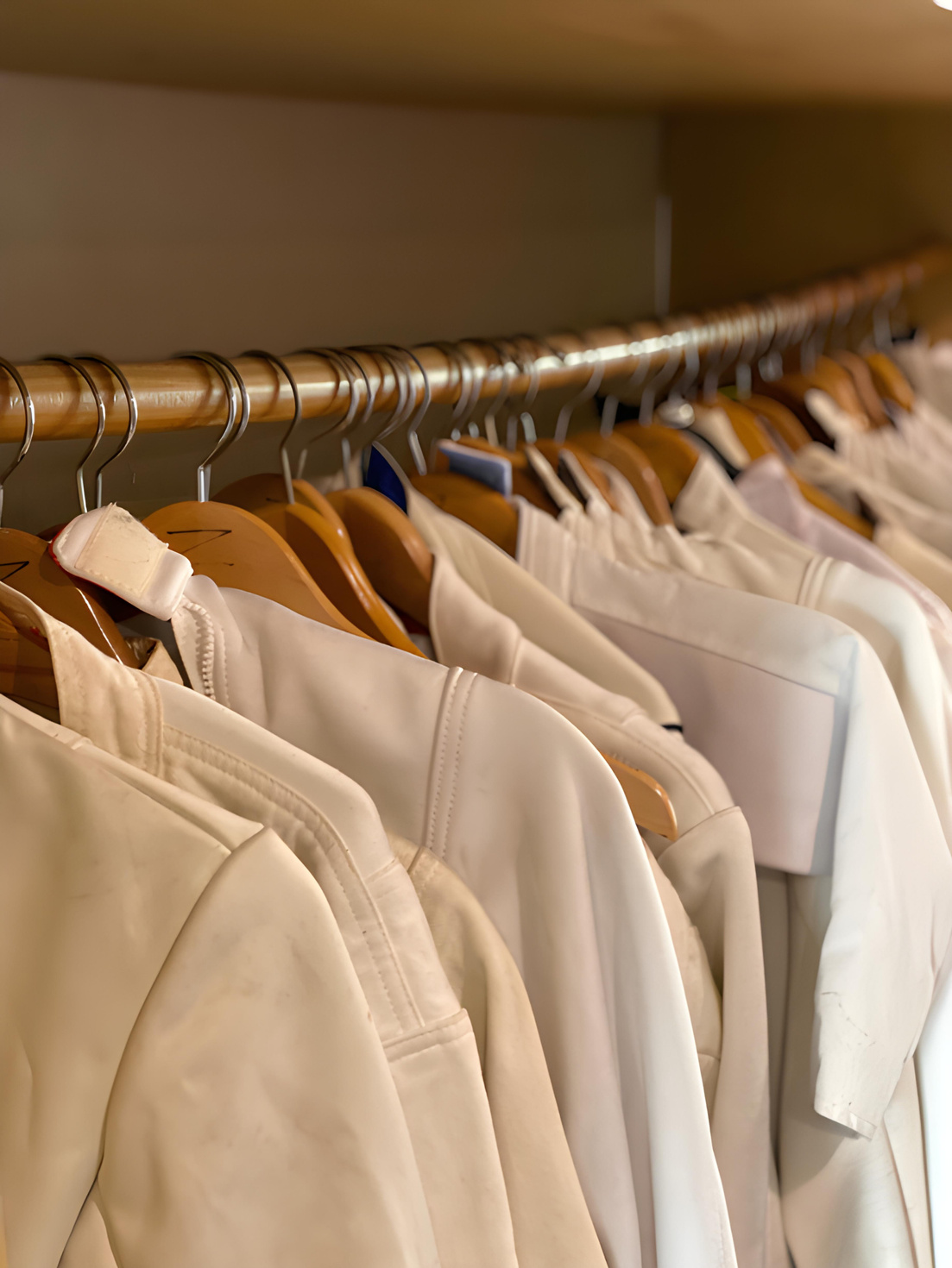 a row of non electric fencing jackets hanging on hangers in the west coast fencing academy gym