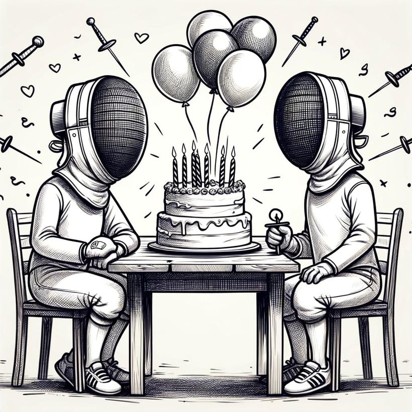 two saber fencer sitting at a table with a birthday cake and balloons